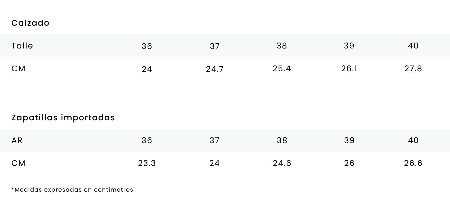 Tabla de talles - Calzado Mujer