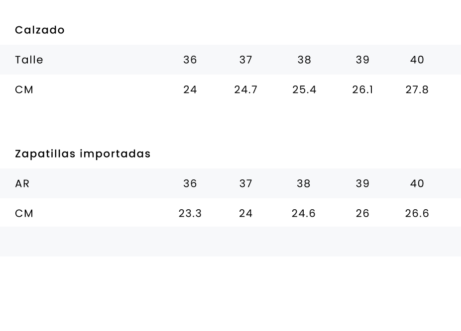 Tabla de talles - Calzado Mujer