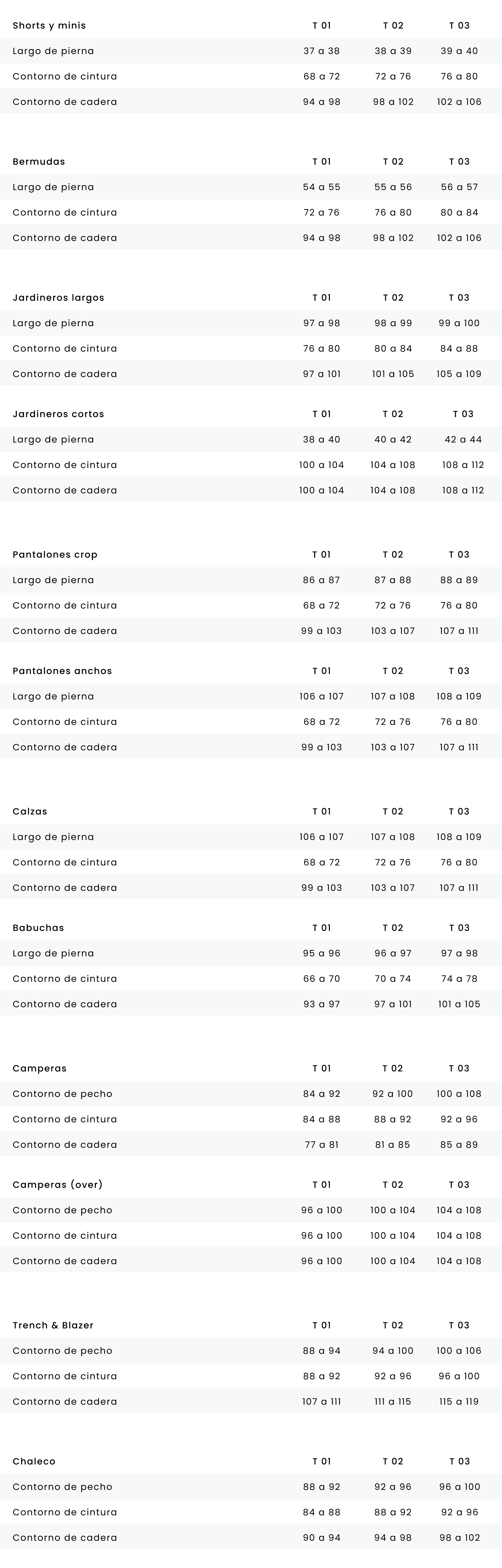 Tabla de talles - Cuero