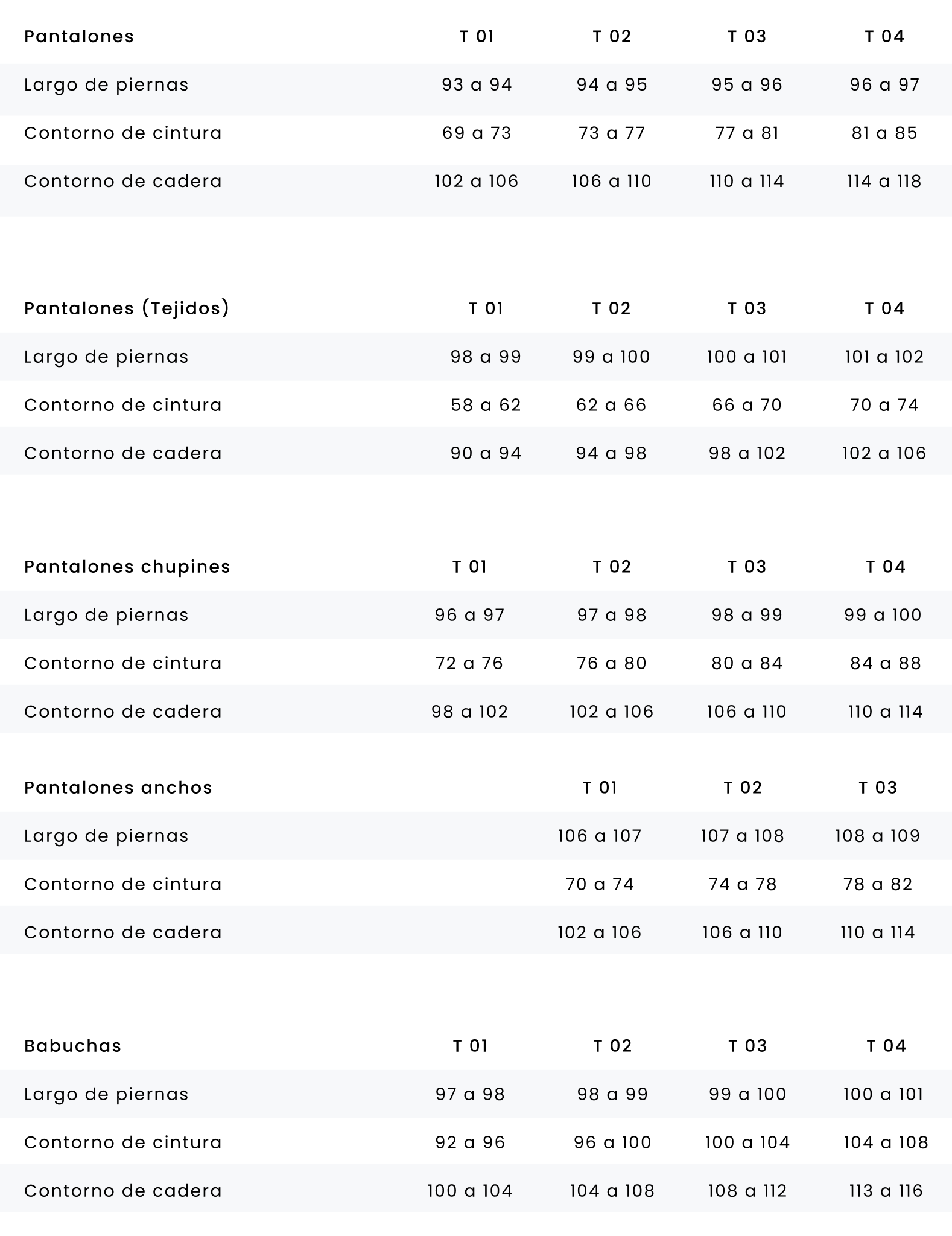 Tabla de talles - Pantalones