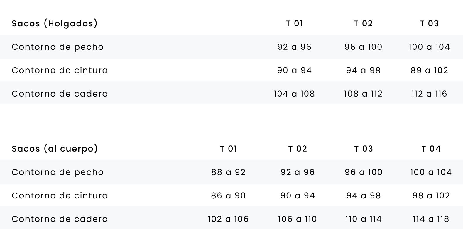 Tabla de talles - Sacos